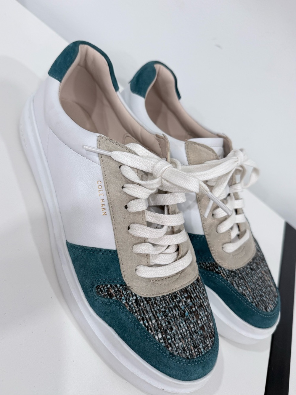 Cole Haan White, Teal & Beige Mixed-Media Women's Sneakers